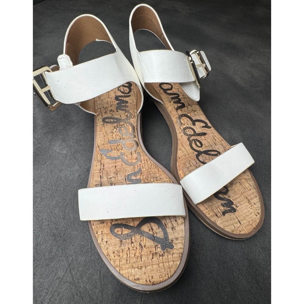 Sam Edelman White Leather Cork Sandals Gold Block Heel Buckle Strap Women's 7.5 - Picture 2 of 13